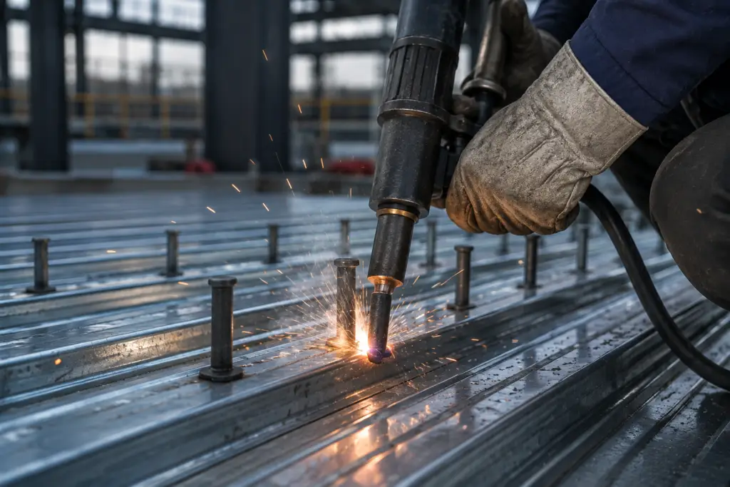 Through-deck stud welding onto a steel beam through composite floor decking
